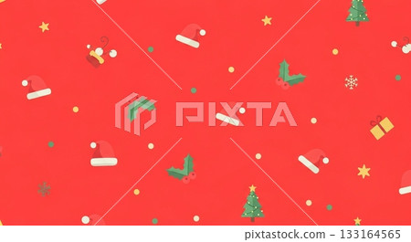 一幅紅色聖誕背景插圖，配有流行風格的聖誕老人帽和散落的冬青。 133164565
