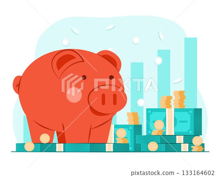 Piggy Bank Character Standing on Stack of Cash Money and Coins for Savings and Investment Concept Illustration Piggy Bank Character Standing on Stack of Cash Money and Coins for Savings and Investment Concept Illustration 133164602