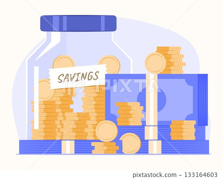 Stack of Cash Money and Savings Jar with Coins Inside for Savings and Financial Discipline Concept Illustration Stack of Cash Money and Savings Jar with Coins Inside for Savings and Financial Discipline Concept Illustration 133164603
