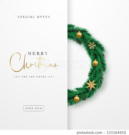 Elegant design featuring festive wreath adorned with golden orna 133164858