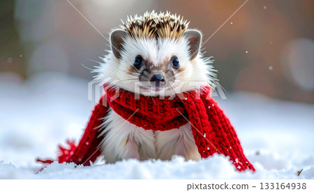 Adorable hedgehog wearing red knitted winter scarf in snow 133164938