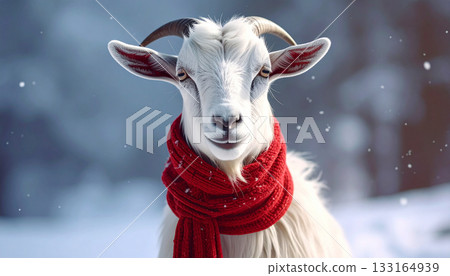 White goat wearing red scarf in snowy winter landscape 133164939