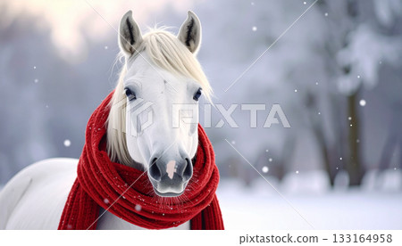 White horse wearing red scarf in snowy winter landscape 133164958
