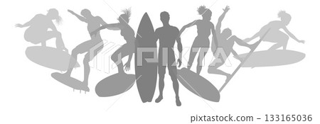 Surfer Surfboard Surfers Men Women Silhouettes Surfer Surfboard Surfers Men Women Silhouettes 133165036