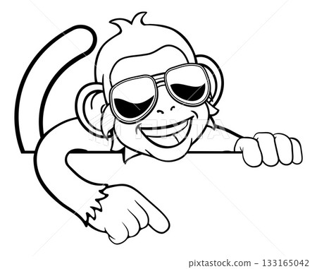 Monkey Sunglasses Cartoon Animal Pointing At Sign 133165042
