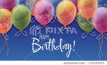 Vibrant birthday composition with a bundle of festive balloons on a blue background. Perfect for both digital and print greeting cards, party posters, website banners, and promotional flyers. Vibrant birthday composition with a bundle of festive balloons on a blue background. Perfect for both digital and print greeting cards, party posters, website banners, and promotional flyers. 133165051