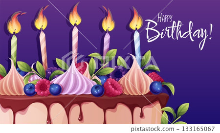 Gourmet Chocolate Birthday Cake with Fresh Berries, Meringue and Candles on Festive Table. Ideal for Bakery Websites, Cards, Posters, Confectionery Advertising and Cafe Menu Design. 133165067