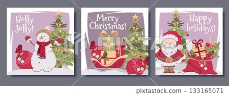 Festive Square Christmas Card Collection with Santa, Snowman, Sleigh with gift box and Decorated Tree. Ideas for Posters, Holiday Marketing, Seasonal Social Media and Festive Invitations 133165071