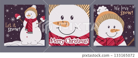 Festive Square Christmas Cards Set with Cute Snowman in Hat and Scarf Under Snowfall. Perfect for Holiday Posters, Seasonal Banners, Social Media Posts and Party Invitations. 133165072