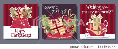 Festive Square Christmas Cards Set with Santa's Sleigh and Bag of Gifts. Perfect for Holiday Posters, Seasonal Banners, Social Media Posts and Christmas Party Invitations. 133165077