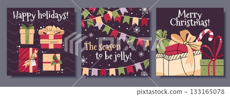Festive Square Cards Set with Gifts with Bows and Bunting Garland. Perfect for Holiday Posters, Party Invitations, Social Media Posts and Celebration Designs Festive Square Cards Set with Gifts with Bows and Bunting Garland. Perfect for Holiday Posters, Party Invitations, Social Media Posts and Celebration Designs 133165078