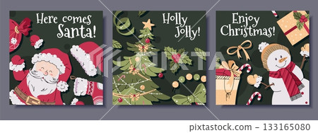 Festive Square Christmas Cards Set with Santa, Snowman, Christmas Tree with Various Decorations and Gifts. Perfect for Holiday Posters, Seasonal Banners, Social Media Posts and Christmas Party 133165080