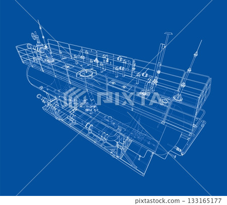 Submarine Blueprint on Blue Background. Vector 133165177