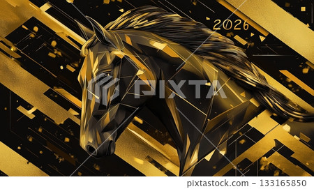 Futuristic golden horse head 2026 digital artwork Futuristic golden horse head 2026 digital artwork 133165850