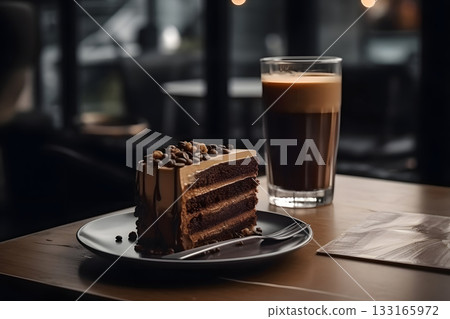 chocolate cake with glass cup of coffee on cafe table, neural network generated image 133165972