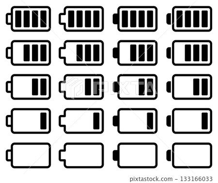 一組向量圖圖標，分別代表電池、充電和剩餘電量。 133166033