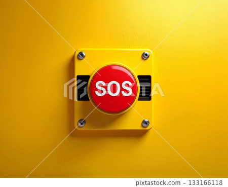 Red sos emergency button on yellow panel Red sos emergency button on yellow panel 133166118