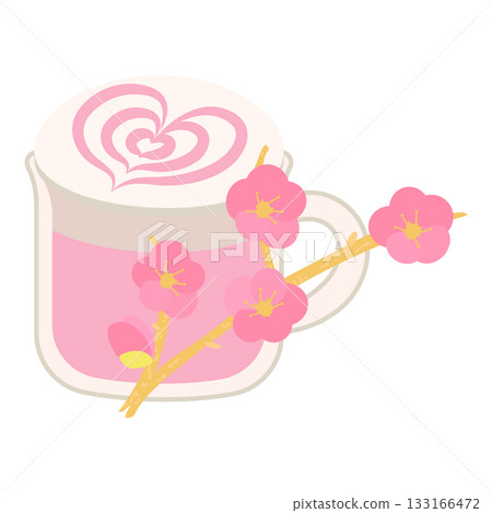 粉紅色拿鐵咖啡插圖,帶有心形拉花和梅花圖案 粉紅色拿鐵咖啡插圖,帶有心形拉花和梅花圖案 133166472