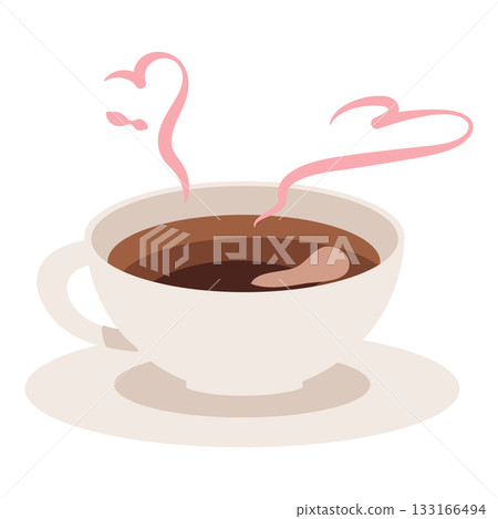 手繪插圖，描繪了一杯冒著熱氣的咖啡，咖啡杯呈現心形 133166494