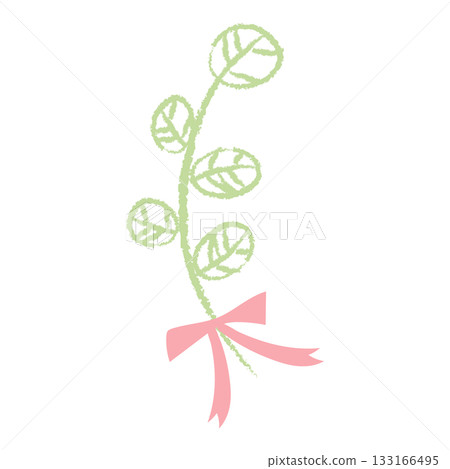 手繪蠟筆風格樹葉枝條（粉紅色絲帶）插圖 133166495