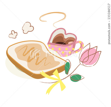 心形咖啡杯和蜂蜜吐司插圖 133166517