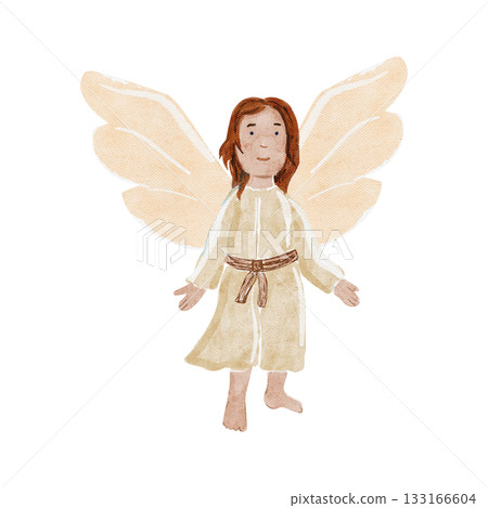 Angel with wings in a beige robe. Watercolor illustration isolated on white perfect for Christmas cards, posters, invitations, packaging, Christian projects. Hand painted holiday design element 133166604