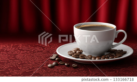 一張豪華咖啡館圖片背景,紅色背景上放著一個白色咖啡杯和咖啡豆。 一張豪華咖啡館圖片背景,紅色背景上放著一個白色咖啡杯和咖啡豆。 133166718