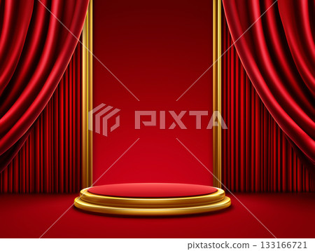 A luxurious background material with a theater-like feel, featuring a red curtain and a gold-decorated stage, perfect for events and performances. 133166721