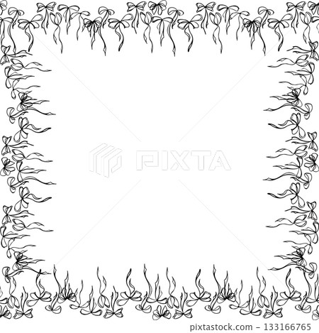Tied ribbon bows with long flowing tails decorating square border edge. Hand drawn vector ink frame illustration, copy space. Gift card layout, romantic label, decorative stationery, festive menu. 133166765