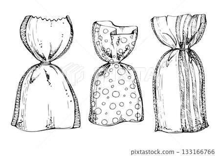 Sachet scented potpourri cotton textile bag with raffia ribbon, stripes and stitched edge. Isolated illustration hand drawn in vector ink. Aromatic linen closet, handmade gift packaging, cozy wardrobe 133166766