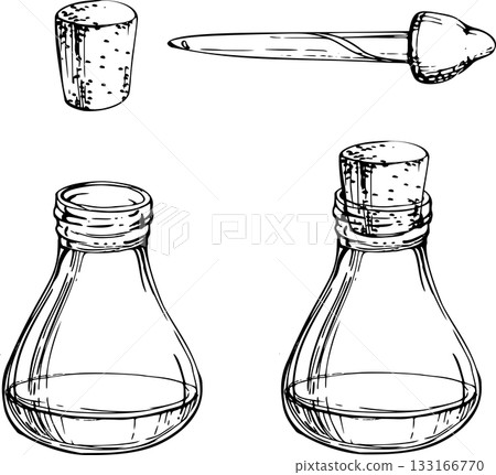 Glass vial bottle filled with liquid essential oil, cork stopper, dropper pipette. Single object isolated illustration hand drawn in vector ink. Natural skincare, perfume sampling, aromatherapy 133166770