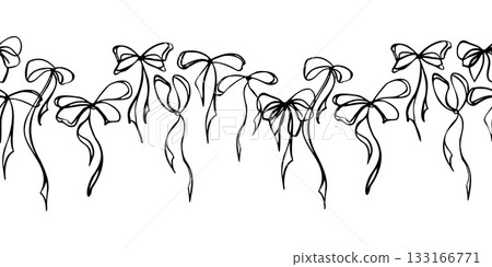 Elegant tied bows with curling string ribbons forming endless strip. Vector seamless banner illustration, hand drawn in ink. Celebration decor, event invitation header, wrapping divider. Elegant tied bows with curling string ribbons forming endless strip. Vector seamless banner illustration, hand drawn in ink. Celebration decor, event invitation header, wrapping divider. 133166771