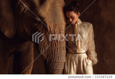 Romantic fashion portrait woman leaning against elephant 133167229