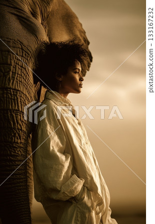 Sunset portrait woman leaning on elephant in warm light 133167232