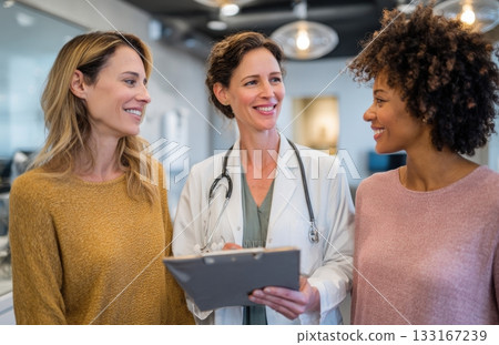 Female doctor discussing health plan with two patients 133167239