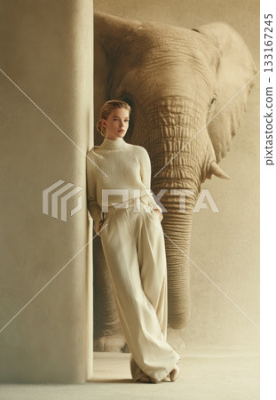 Minimal fashion portrait woman leaning on column with elephant 133167245