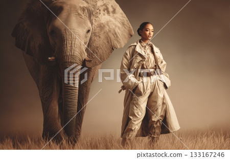 Confident woman in trench coat standing beside elephant Confident woman in trench coat standing beside elephant 133167246
