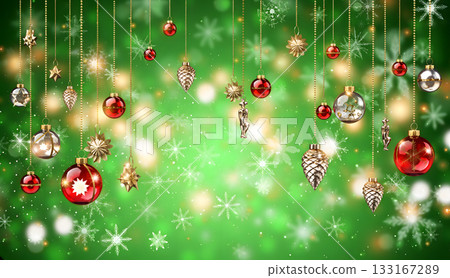 Shining Christmas ornaments on a green background Shining Christmas ornaments on a green background 133167289