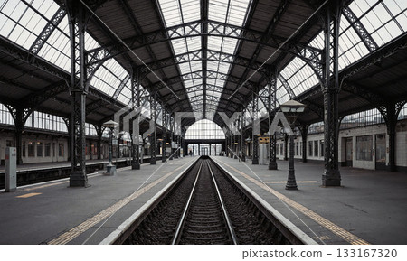 Empty Train Depot. A long, perspective shot down the length of an empty, covered train depot. The tracks gleam under 133167320