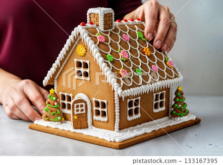 Hands Holding Freshly Baked Gingerbread House with Frosting Details and Snow Like Icing Accent Hands Holding Freshly Baked Gingerbread House with Frosting Details and Snow Like Icing Accent 133167395