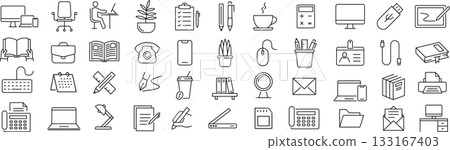 Vector monochrome line icon set about office supplies Vector monochrome line icon set about office supplies 133167403