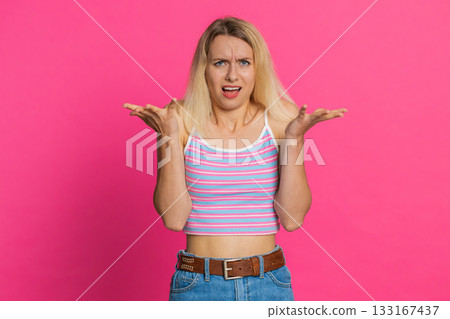 Angry woman asking why what reason of failure irritation disbelief by troubles conflict quarrel Angry woman asking why what reason of failure irritation disbelief by troubles conflict quarrel 133167437