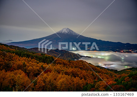 [Yamanashi Prefecture] Mount Fuji beyond the sea of clouds covering Lake Kawaguchi and the larch forest 133167469
