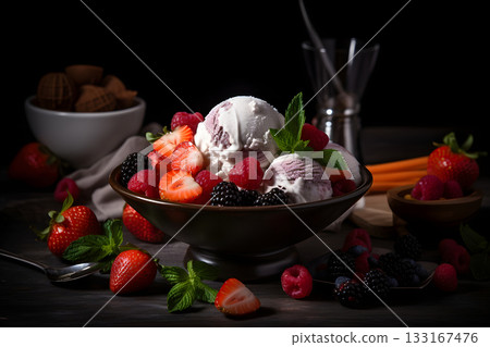 icecream with fresh fruits, rich high contrast photorealistic neural network generated image icecream with fresh fruits, rich high contrast photorealistic neural network generated image 133167476
