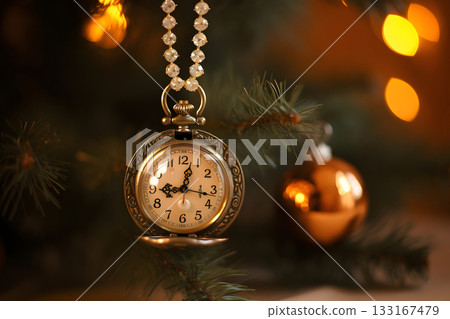 Small clock with jewelry as Christmas tree decoration, neural network generated photorealistic image Small clock with jewelry as Christmas tree decoration, neural network generated photorealistic image 133167479