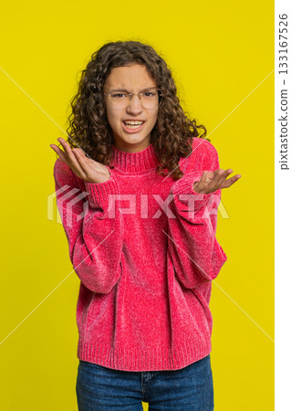 Angry girl asking why what reason of failure irritation disbelief by troubles conflict quarrel 133167526