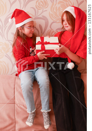 Girls in New Year's looks with a gift are sitting at home on the sofa. Girls in New Year's looks with a gift are sitting at home on the sofa. 133167625