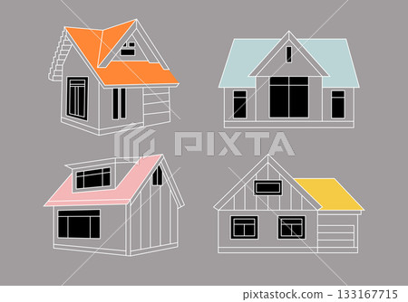Various colorful flat small houses of different shapes, sizes and angles with colorful roofs in cartoon comic style. Creative set of freehand illustration of homes, buildings, windows, doors roofs. Various colorful flat small houses of different shapes, sizes and angles with colorful roofs in cartoon comic style. Creative set of freehand illustration of homes, buildings, windows, doors roofs. 133167715