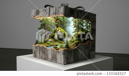 A surreal art installation of a miniature forest inside a broken wooden box. This conceptual piece evokes wonder and ideas of conservation, nature's value, and hidden worlds. Perfect for eco themes. 133168327