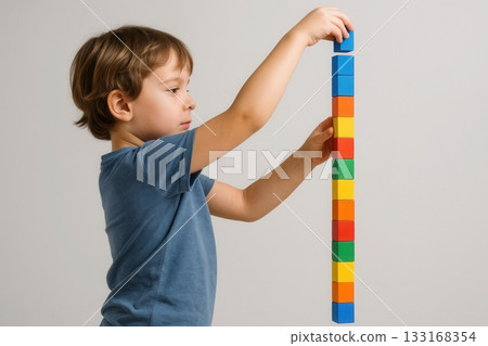 A concentrated boy builds a high tower from bright, colorful blocks, practicing balance and focus. Great for educational themes, preschool learning, STEM activities, and childhood development. 133168354